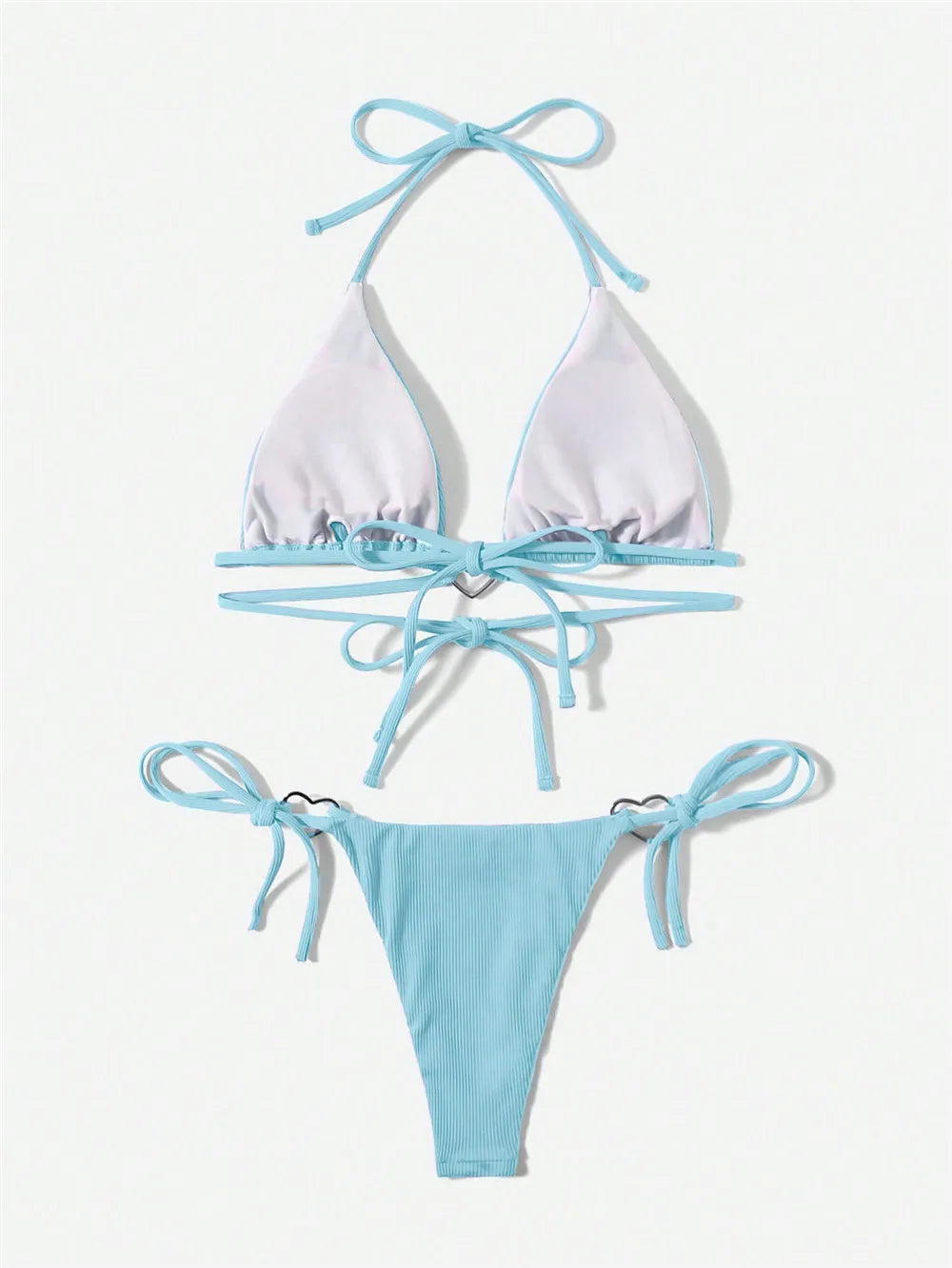 2025 Sexy Light Blue Micro Bikini Set – Triangle Halter Thong with Heart Ring Detail