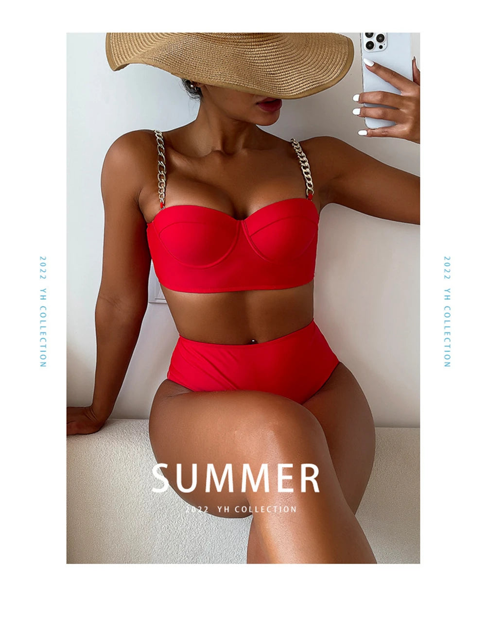 Push-Up Underwire Bikini Set – Chain Strap Hard Wrap Top & High-Waist Bottom Swimwear