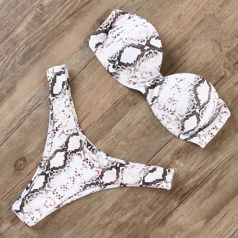 Bandeau Bikini Set – Sexy Thong Ruffle Push-Up Brazilian Leopard Swimwear for Women