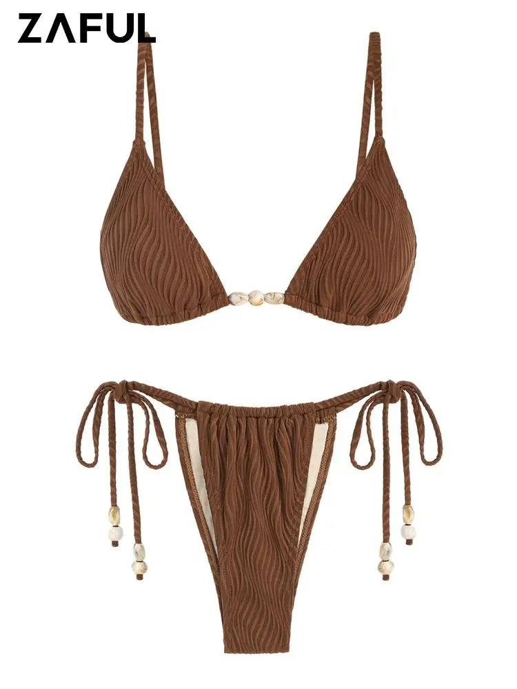 ZAFUL Tie-Side String Bikini – Solid Color Tanga Triangle Two-Piece Swimsuit for Women