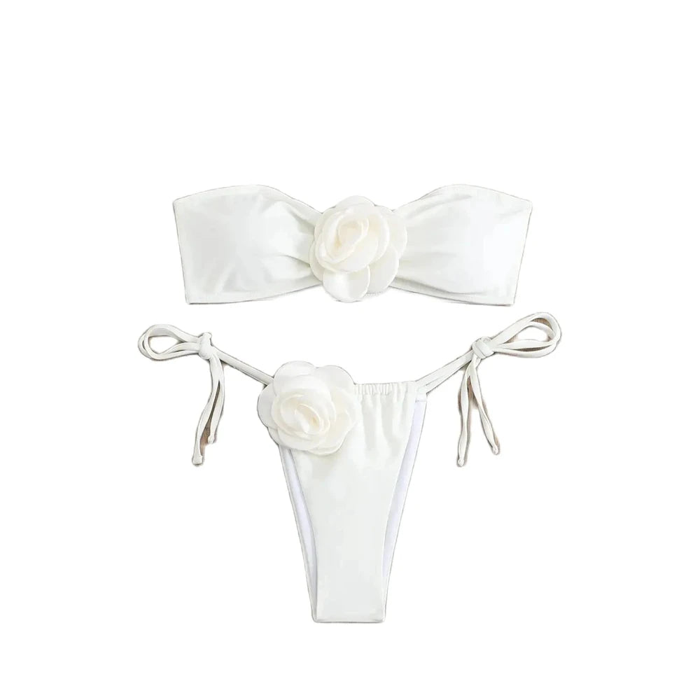 Rose Chest Bikini Set – Strapless Tube Top with Drawstring Bottom in Black/White