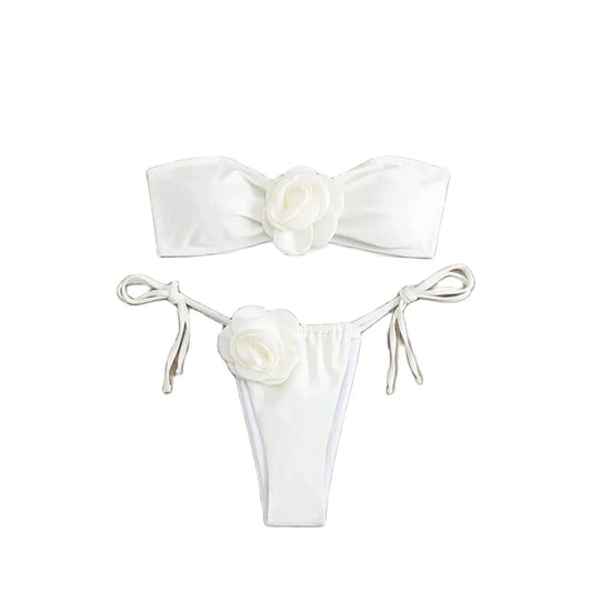 Rose Chest Bikini Set – Strapless Tube Top with Drawstring Bottom in Black/White
