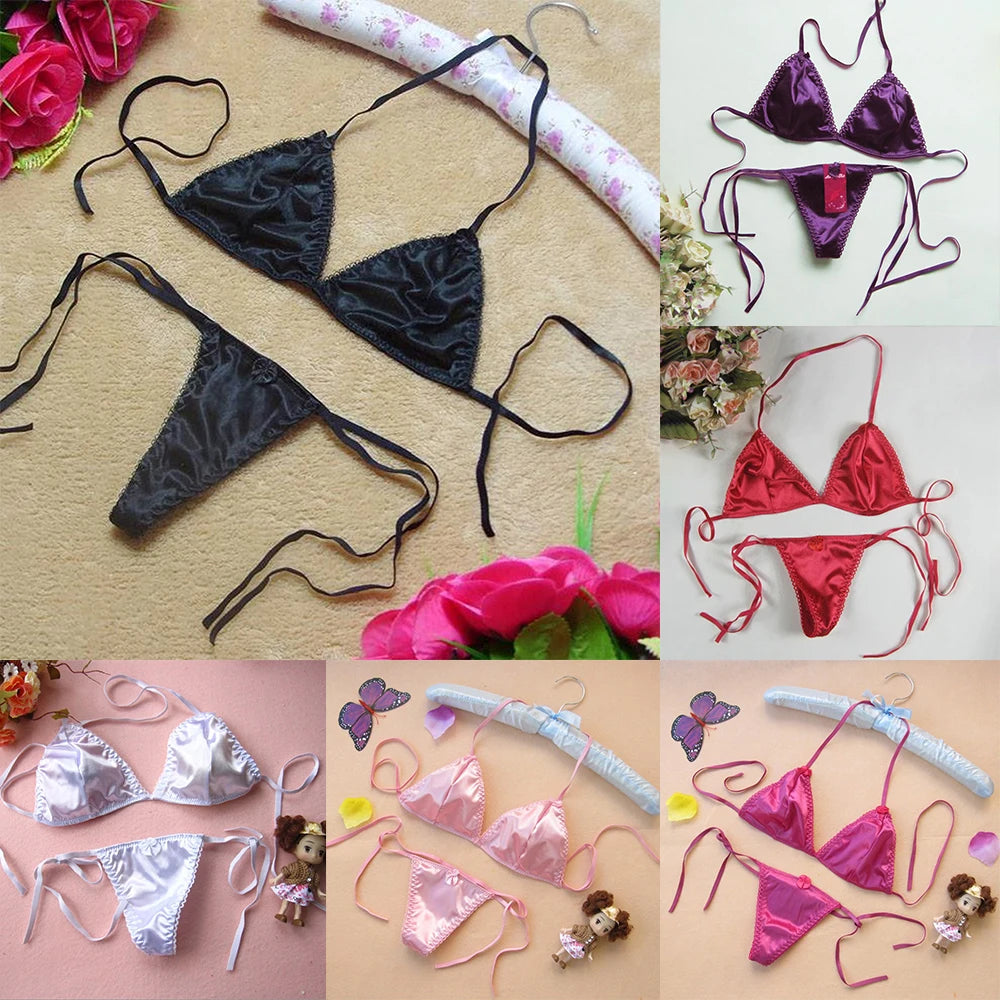Sexy Lingerie Set for Women – Satin Silk Thong Underwear, Bra Panties, T-back Lace Up Top, Briefs Bikini Beach Swimming Bathing Suit
