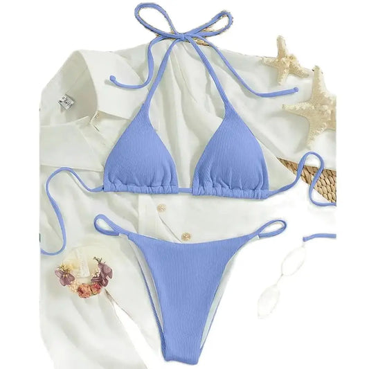 2025 Pit Stripe Bikini Set – Sexy High-Waisted Lace-Up Halter Swimsuit for Women