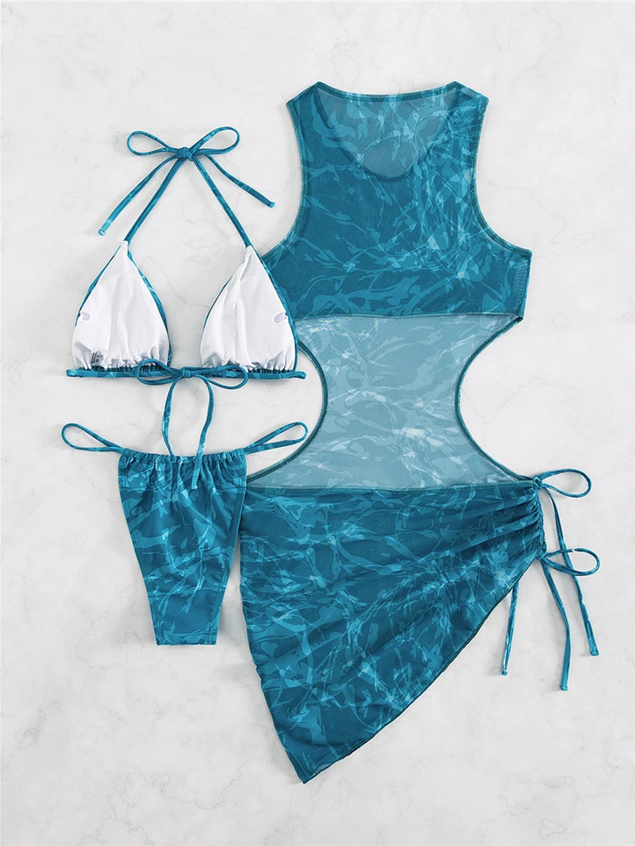 2025 3-Piece Print Halter Bikini Set – Triangle String Swimsuit & Beachwear for Women
