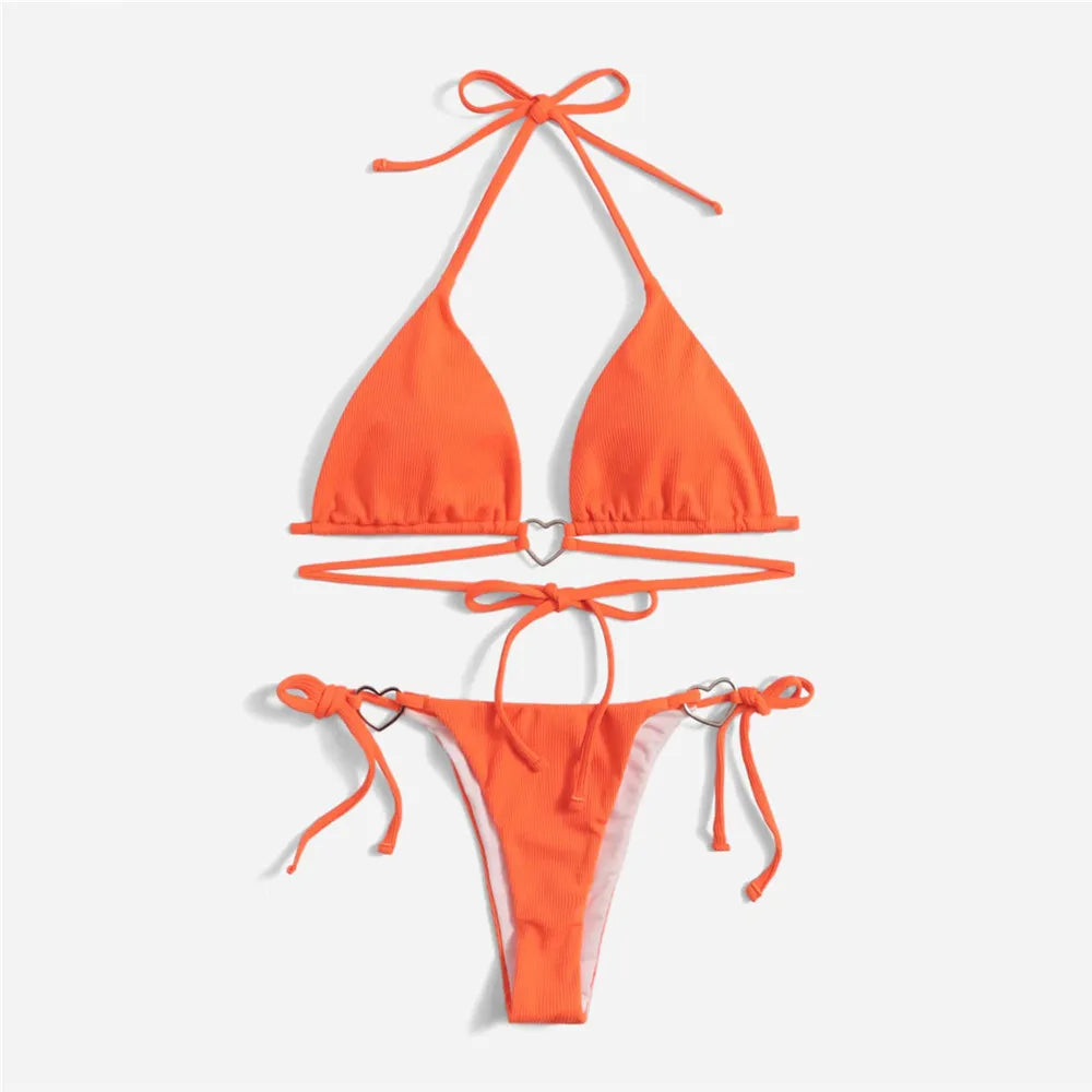 2025 Sexy Light Blue Micro Bikini Set – Triangle Halter Thong with Heart Ring Detail