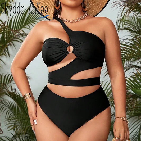 2025 Plus Size One-Shoulder Cut-Out Black Bikini Set – Sexy Women's Swimsuit for Curvy Females