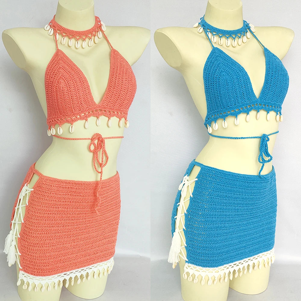 3-Piece Bikini Set – Crochet Shell Tassel Top, Seashell Ankle Chain, & See-Through Lace Beach Skirt