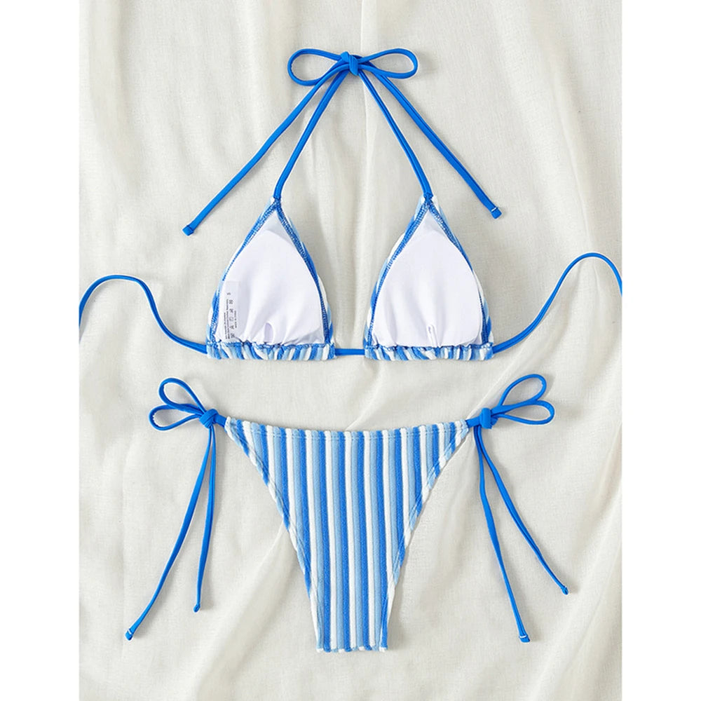 New Towel Cloth Halter Neck Bikini – Striped Tie-Up Low-Waisted Swimwear for Women’s Summer Beach Vacation