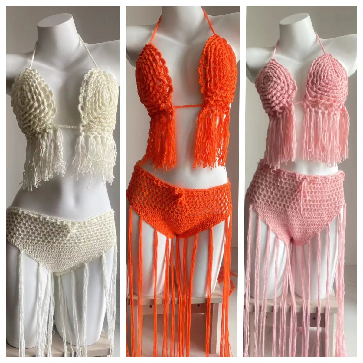 Knitted Bra Top Bikini Set – Handmade Crochet Swimsuit with Tassel Beach Wrap Skirt for Holiday Outfits