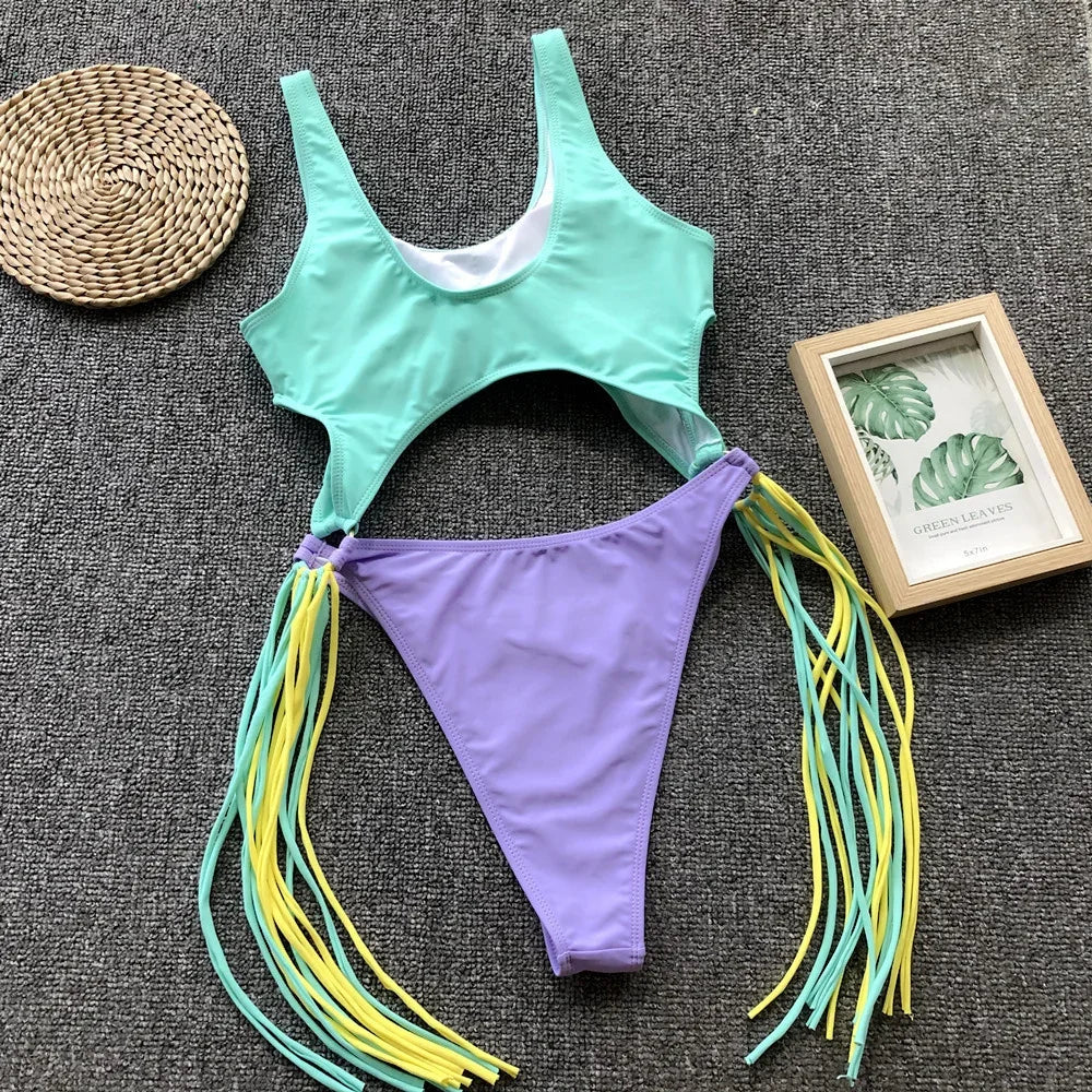 Patchwork Fringe Monokini – Cut-Out Rings One-Piece Swimsuit for Women’s Luxury Beach Vacation Swimwear