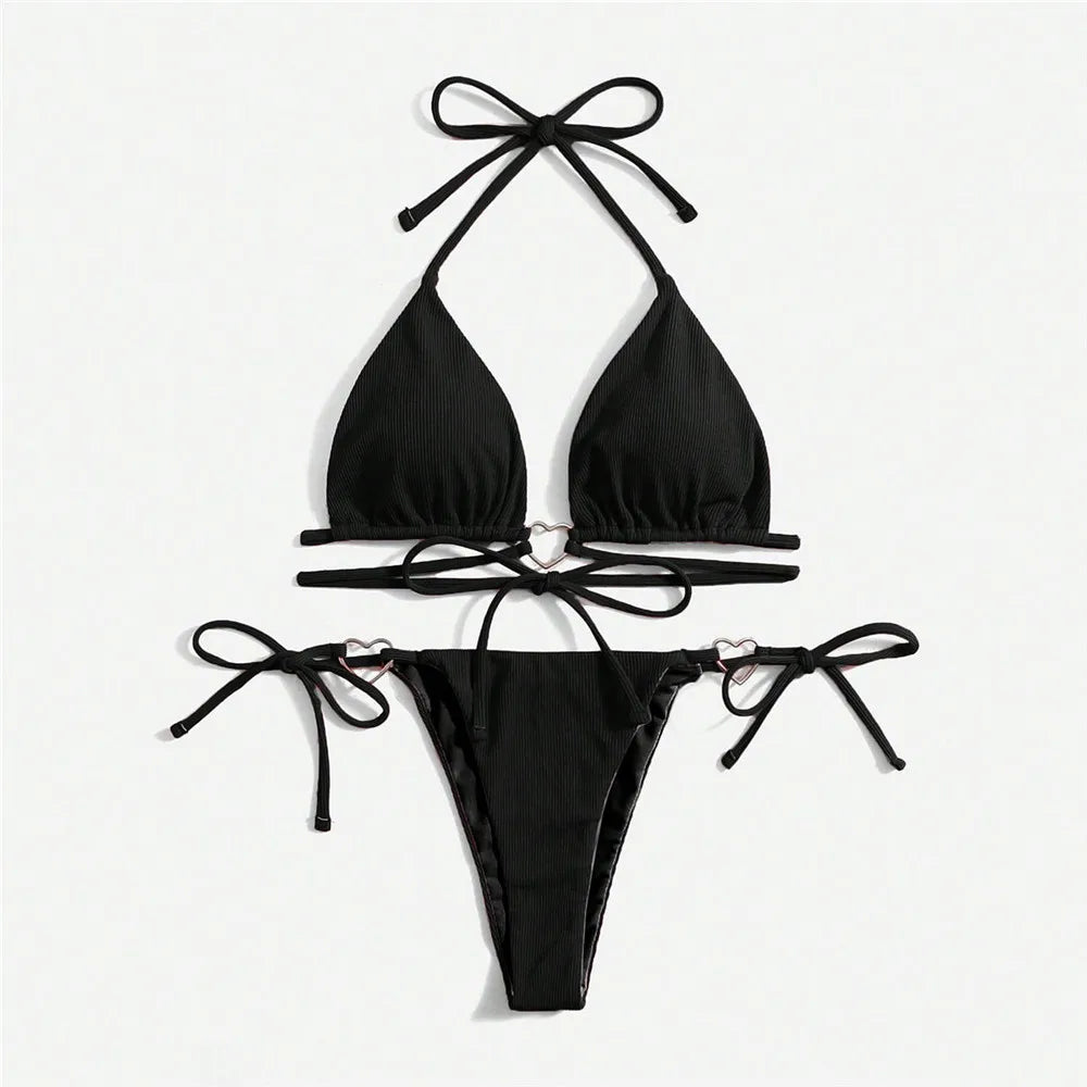 2025 Sexy Light Blue Micro Bikini Set – Triangle Halter Thong with Heart Ring Detail