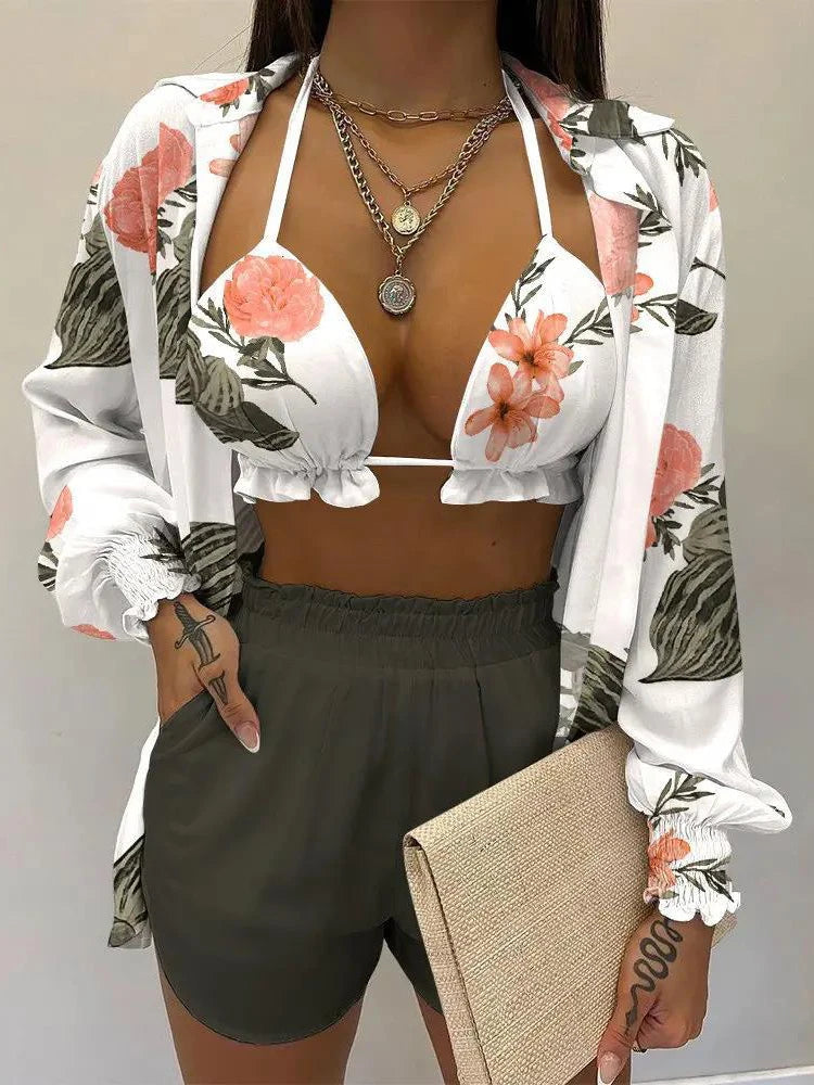 New Green Print High-Waist Bikini Set – Sexy Lace-Up Three-Piece Swimsuit for Women’s Beachwear