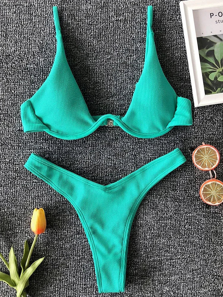 Sexy Neon V-Bar Bikini Set – Ribbed Underwired Push-Up Thong Swimsuit for Women