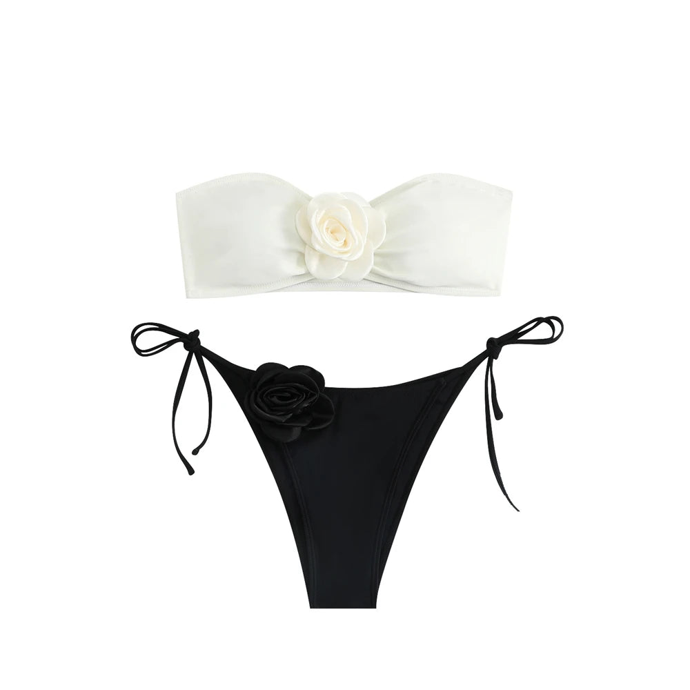 Rose Chest Bikini Set – Strapless Tube Top with Drawstring Bottom in Black/White