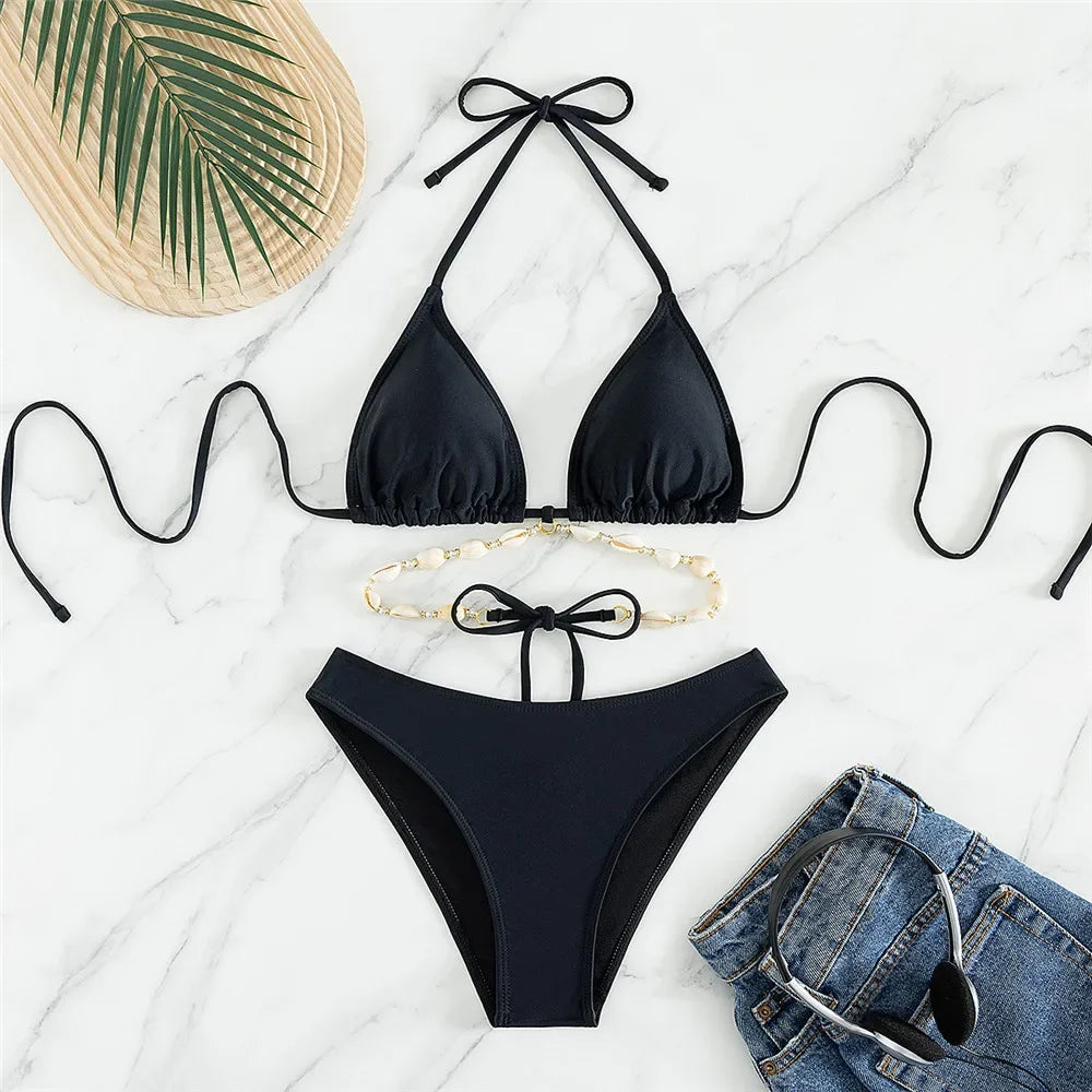 2025 Sexy White Shell String Halter Bikini Set – Triangle Micro Thong Swimsuit for Women, Mini Bathing Suit