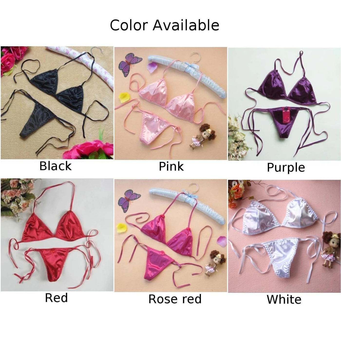 Sexy Lingerie Set for Women – Satin Silk Thong Underwear, Bra Panties, T-back Lace Up Top, Briefs Bikini Beach Swimming Bathing Suit
