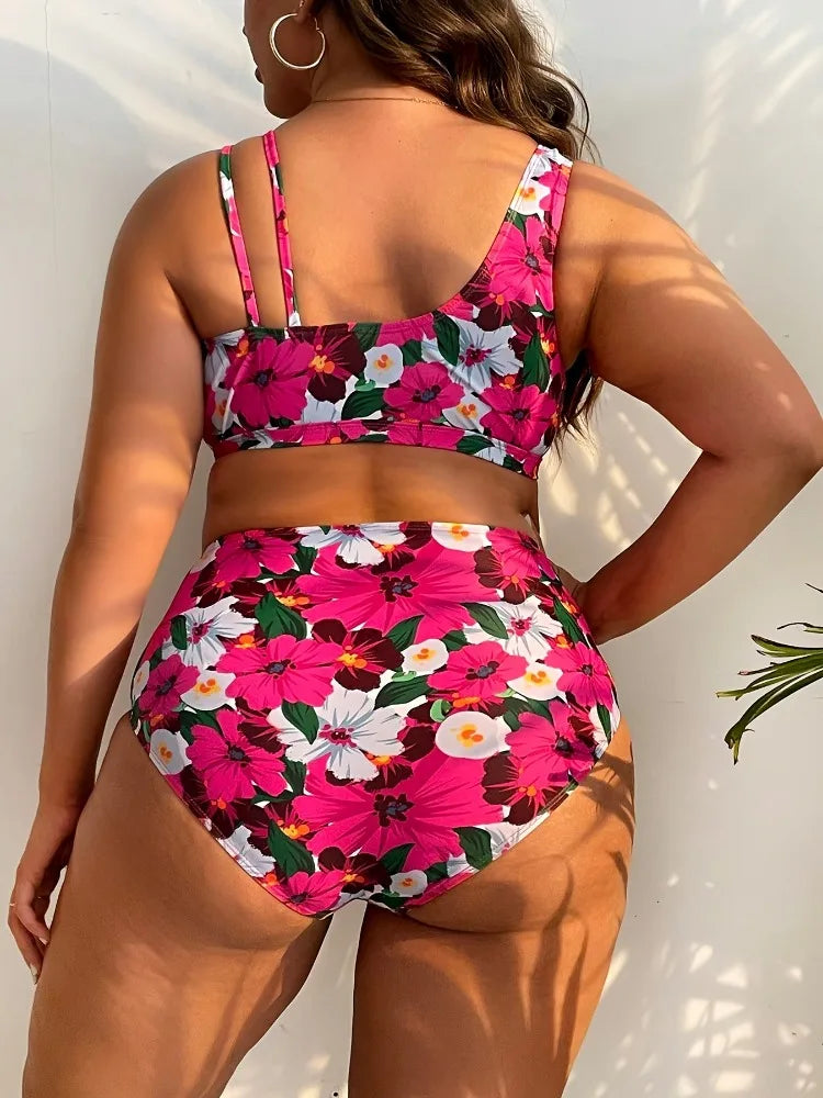 Plus Size Ruffle Bikini Set for Women - Floral Swimwear, Tie Front High Waist Swimsuit, Bathing Suit