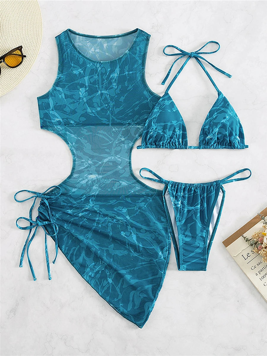 2025 3-Piece Print Halter Bikini Set – Triangle String Swimsuit & Beachwear for Women