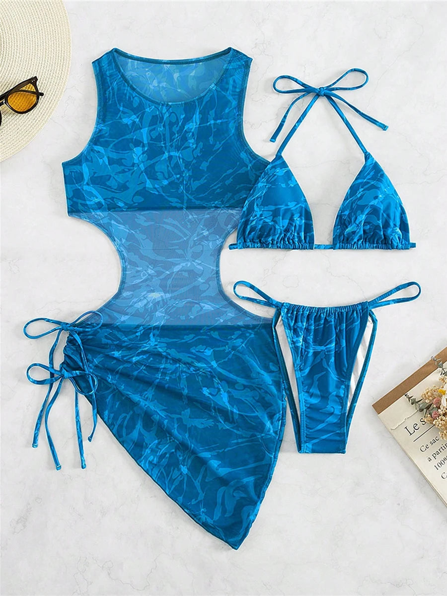 2025 3-Piece Print Halter Bikini Set – Triangle String Swimsuit & Beachwear for Women