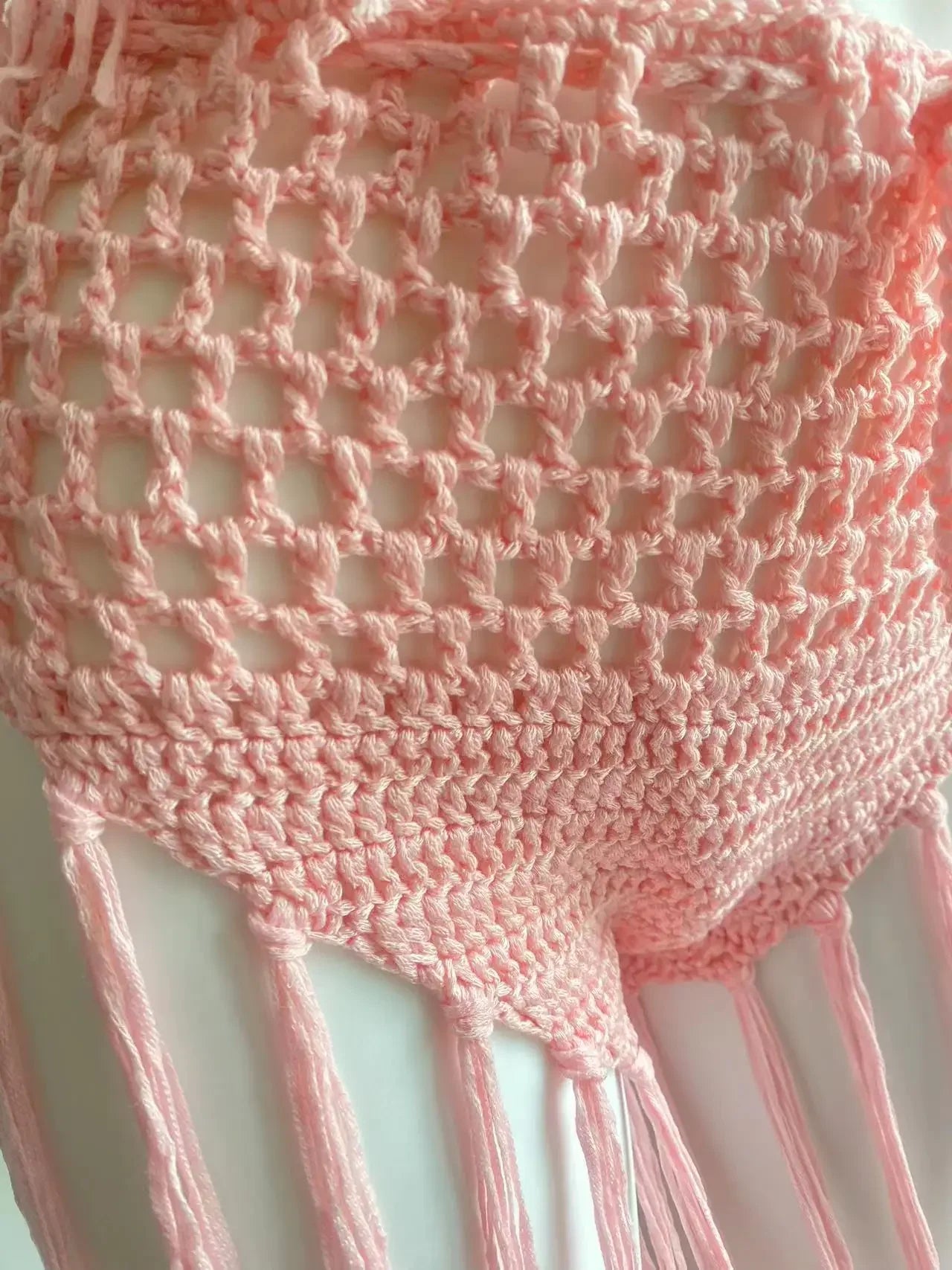 Knitted Bra Top Bikini Set – Handmade Crochet Swimsuit with Tassel Beach Wrap Skirt for Holiday Outfits