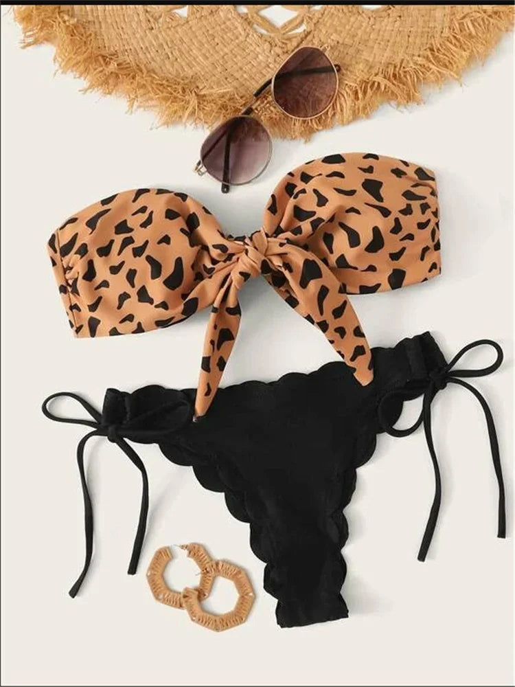 Beach Bikini 2024 for Women - Sexy Front Lace Up Tie Bandeau Leopard Swimsuit, Push Up Ruffled Bow Bathing Suit, Thong Swimwear