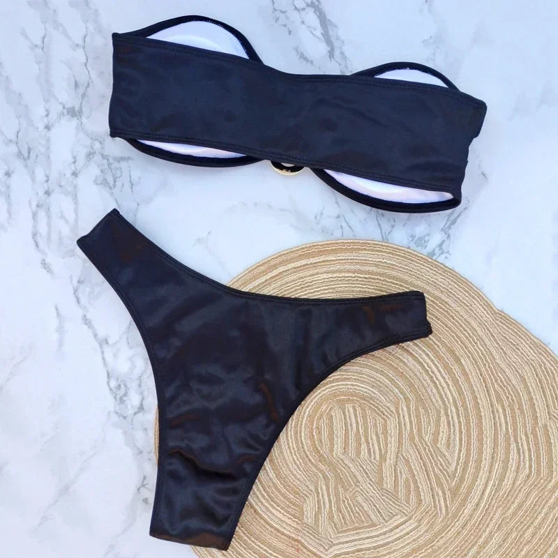 Sexy U-Shaped Bandeau Bikini Set – Strapless High-Cut Black Swimsuit for Women