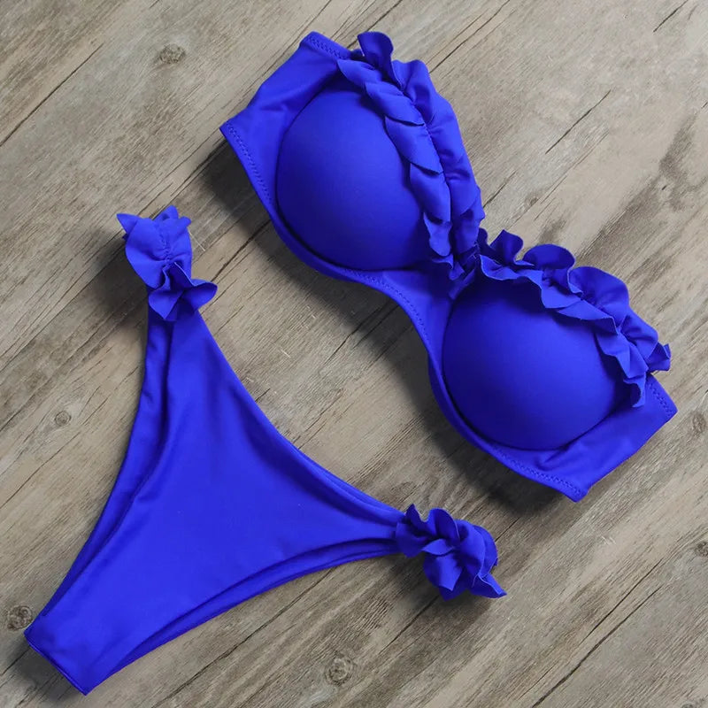 Bandeau Bikini Set – Sexy Thong Ruffle Push-Up Brazilian Leopard Swimwear for Women