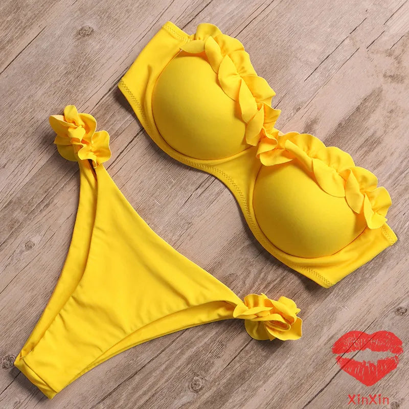 Bandeau Bikini Set – Sexy Thong Ruffle Push-Up Brazilian Leopard Swimwear for Women