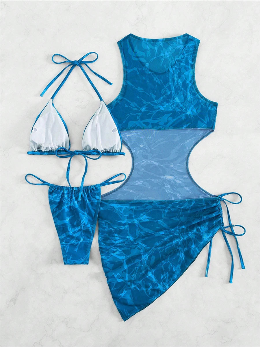 2025 3-Piece Print Halter Bikini Set – Triangle String Swimsuit & Beachwear for Women