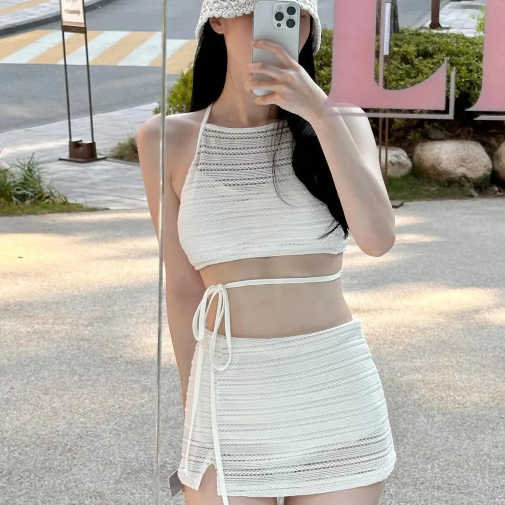 New Two Pieces Set Swimsuit Women, White Swimwear, Sexy High Neck Bikini, High Waist Skirts, Beach Wear, Knitting Bathing Suit, Korean