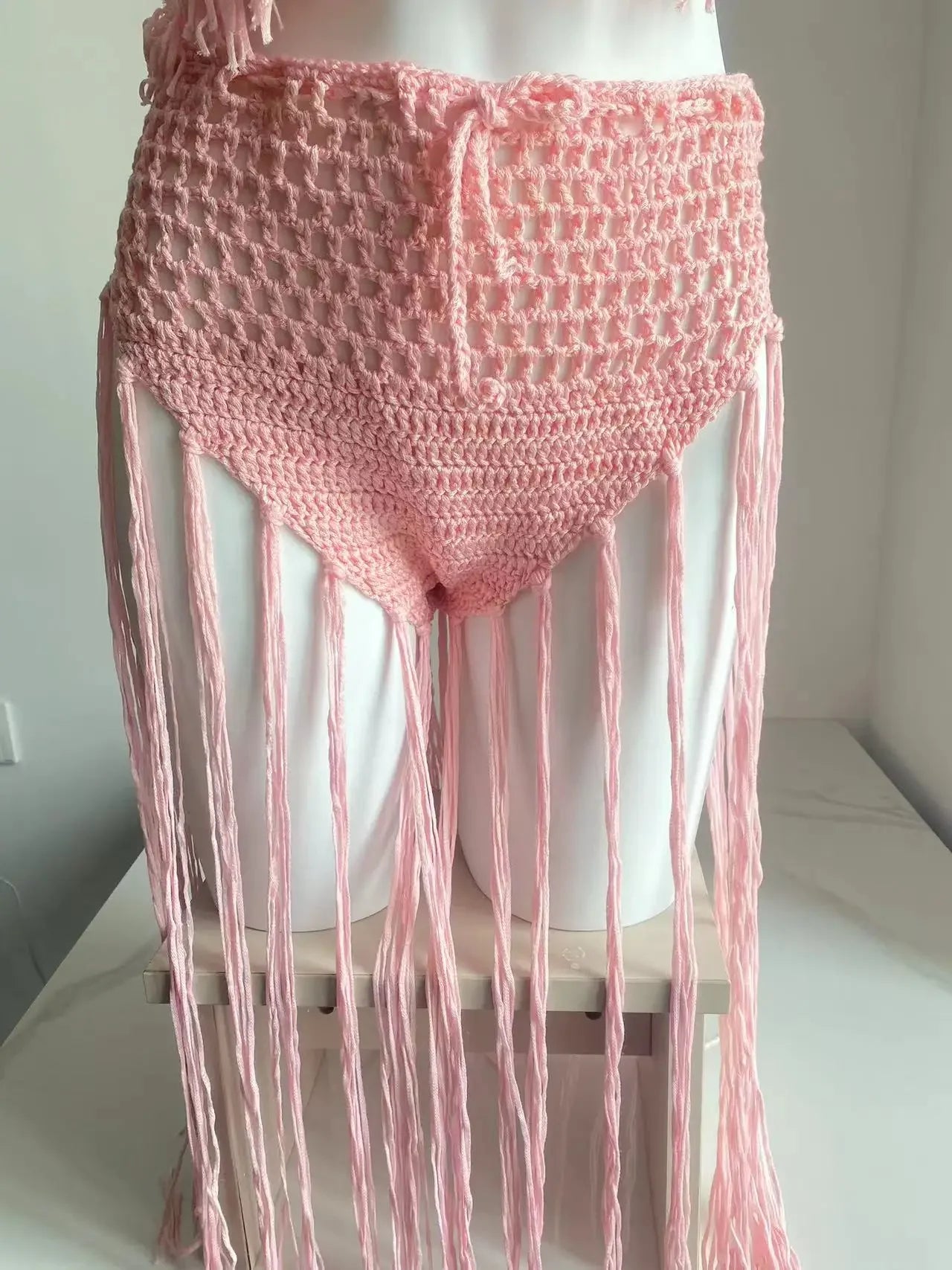 Knitted Bra Top Bikini Set – Handmade Crochet Swimsuit with Tassel Beach Wrap Skirt for Holiday Outfits