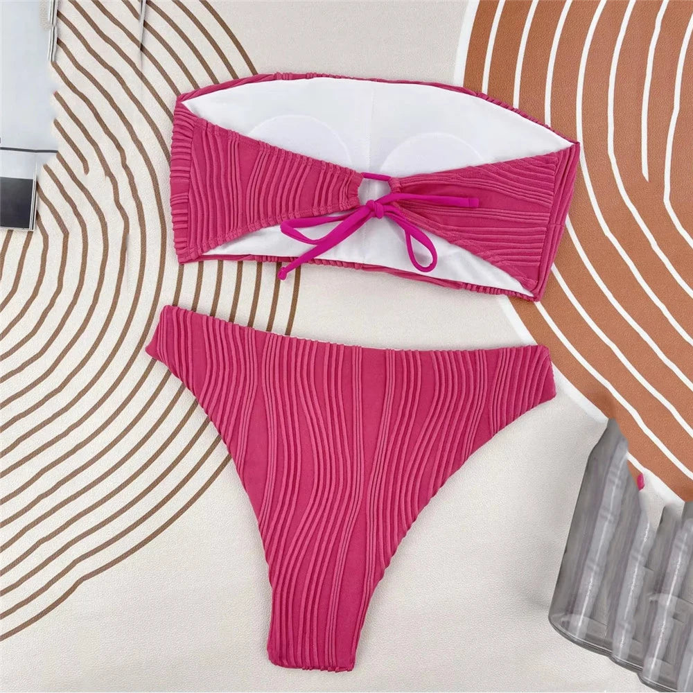 2025 Black Strapless Bandeau Bikini Set – Sexy Ribbed Brazilian High-Cut Swimsuit for Women