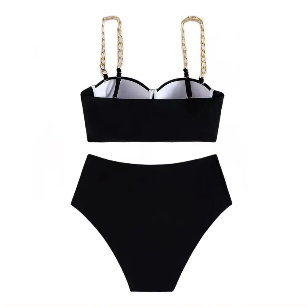 Push-Up Underwire Bikini Set – Chain Strap Hard Wrap Top & High-Waist Bottom Swimwear