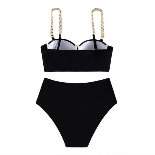 Push-Up Underwire Bikini Set – Chain Strap Hard Wrap Top & High-Waist Bottom Swimwear